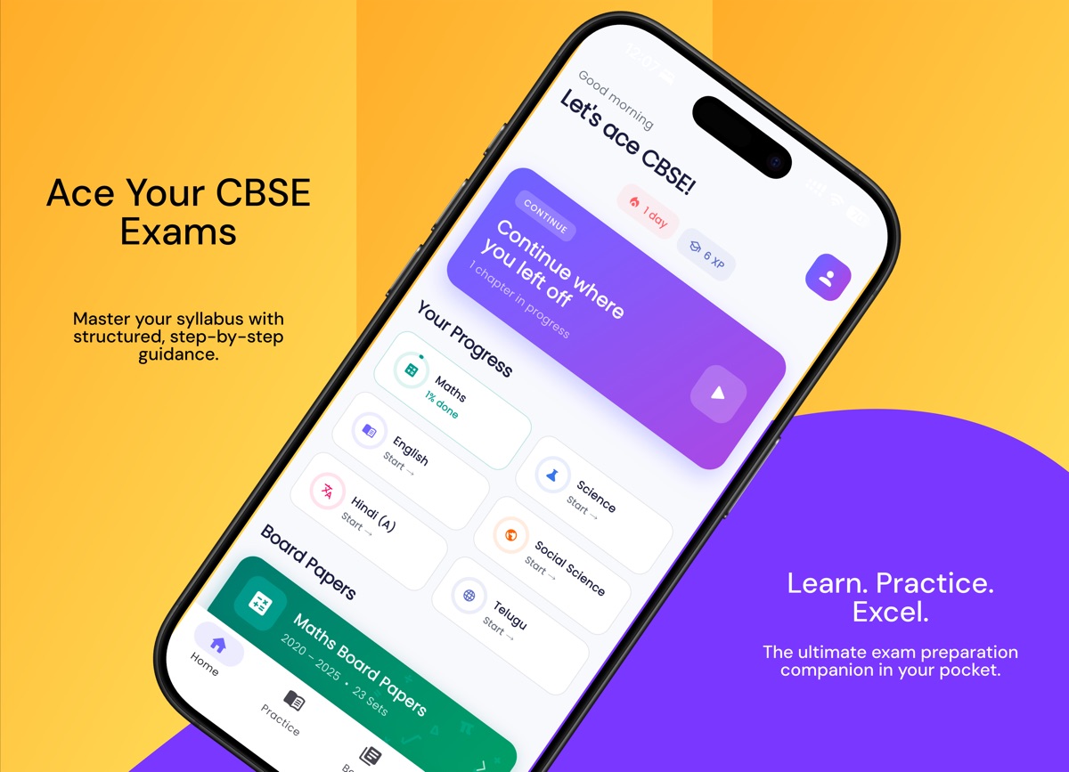 CBSE PrepMaster app showing home screen with subjects, progress tracking, and board papers